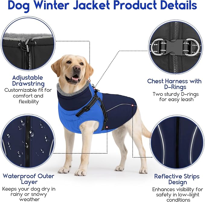 ASENKU Reflective Dog Coat with Built-in Harness, Windproof Fleece-Lined Dog Jacket for Small, Medium, Large Dogs, Warm Winter Vest with Turtleneck & Zipper (Navyblue M)