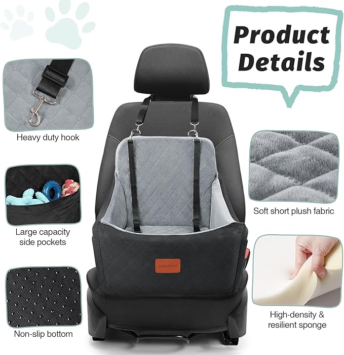 Dog Car Seat for Medium Dogs Up to 40lbs,Fully Detachable and Washable,Memory Foam Covered Soft Fabric,Easy to Install with Adjustable Straps,Anti-Slip Base,2 Side Pockets(Black/Grey,Medium)