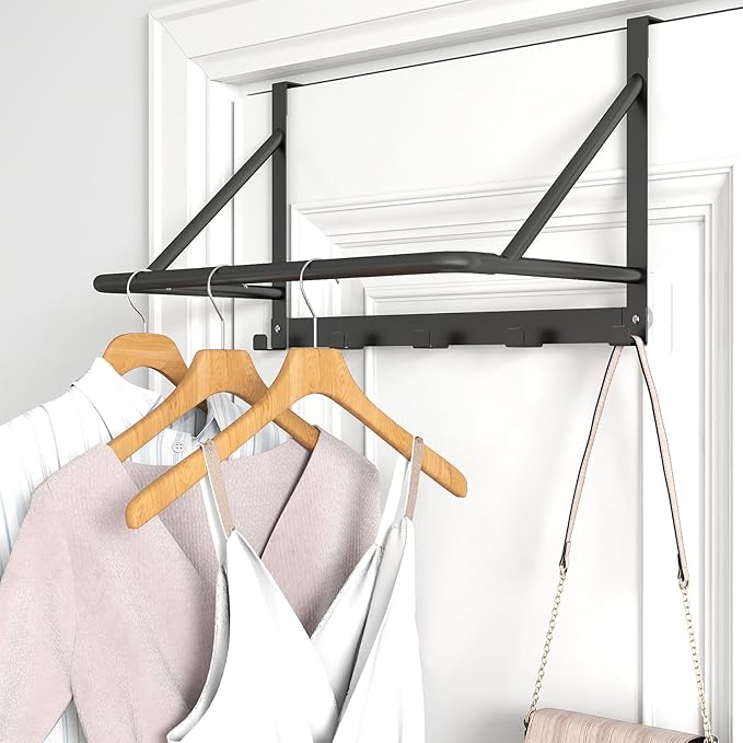 Over The Door Clothes Hanger, Metal Clothes Rack for Door with 5 Hooks, Over The Door Hanger for Bathroom, Laundry, Bedroom, Washroom, Fits Door Up to 1.97", Matte Black