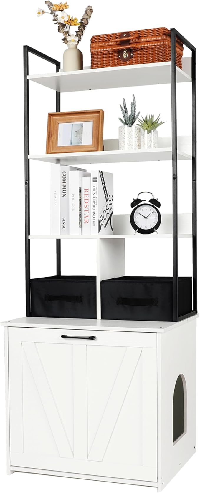 DWANTON Litter Box Enclosure with 3 Storage Shelves and 2 Drawers, 2-in-1 Hidden Cat Litter Box Enclosure Furniture with Shelf, Reversible Entrance, Washable Drawers, 61.8-Inch, White