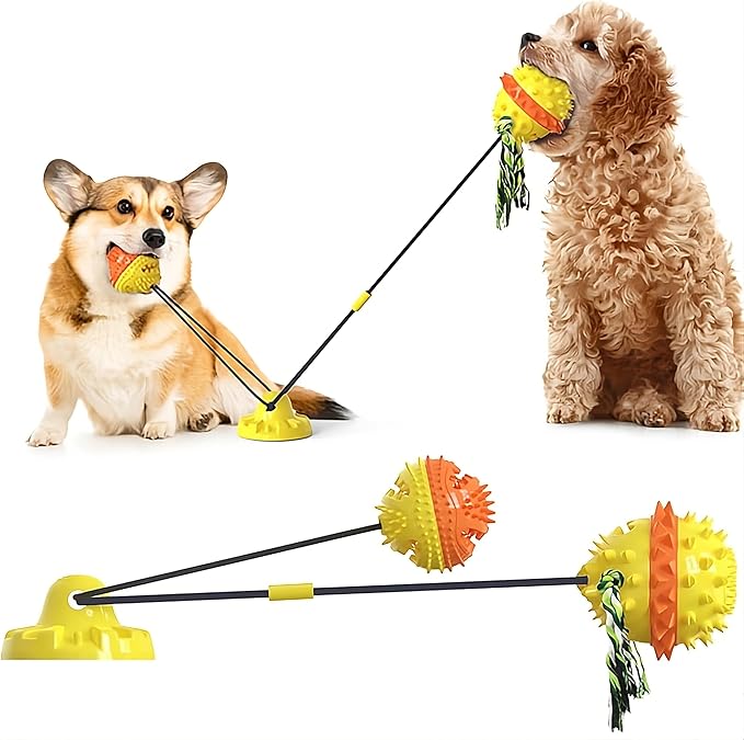 Dog Toy with Suction Cup - Interactive Toys for Large Dogs - Durable Dog Toothbrush & Chew Toy - Puppy Teething Toys - Indestructible Dog Toy - Food Dispensing Dog Tug Toy - Yellow