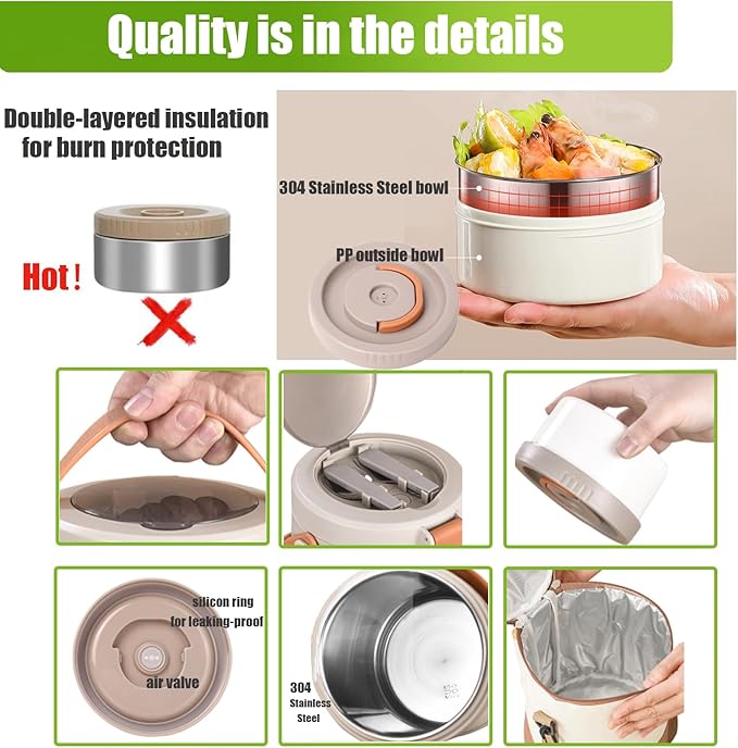 67oz Adults Thermo for Hot Food Kit 2L 9.06in 3 Layer Stainless Steel Vacuum Soup Food Thermo Hot Food Jar Bento Box for Men, Women, Suitable insulated Lunch Box for 12+ Camping, Office & Travel Use