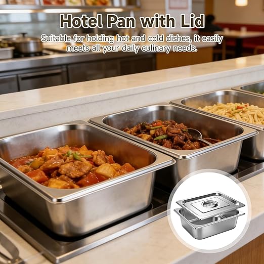 4 Pack Hotel Pan with Lid, Stainless Steel Deep Steam Table Pan, 5.9 L Stackable Food Storage Container for Kitchen, Restaurant, Catering, Buffet Serving
