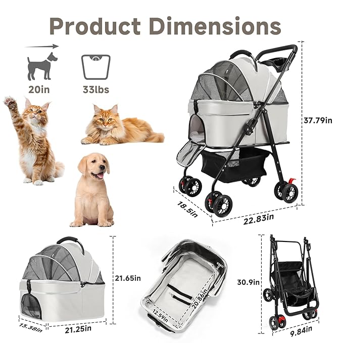 Pet Stroller for Small Dogs and Cats with 4 Wheels, Foldable Portable Dog Stroller with Detachable Carrier, Sun Shades, Storage Basket & Cup Holder, Up to 33 lbs