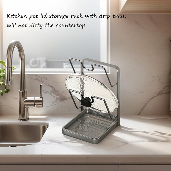 Kitchen Pot Lid Storage Rack, Stainless Steel Pot Lid Holder While Cooking for Countertop, Multifunctional Pots Lids Organizer Rack with Removable Drip Tray for Spatulas, Ladles & Large Lids (Gray1)