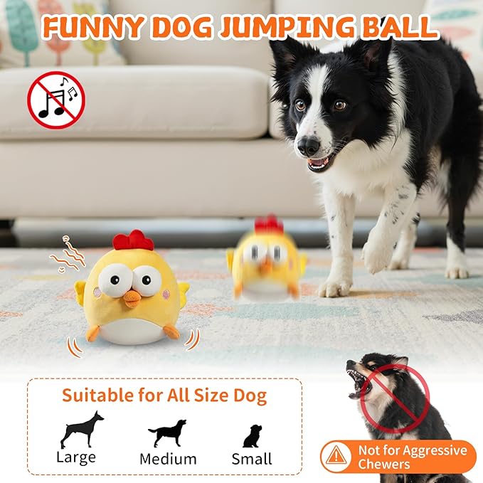 Interactive Dog Toy Ball, Upgrade Automatic 1.5H Jump Plush Toy with Removable Zipper for Small Large Dogs, Rechargeable Squeaky Move Bounce Ball for Pets Keep Busy, No Loud Music (Chicken)