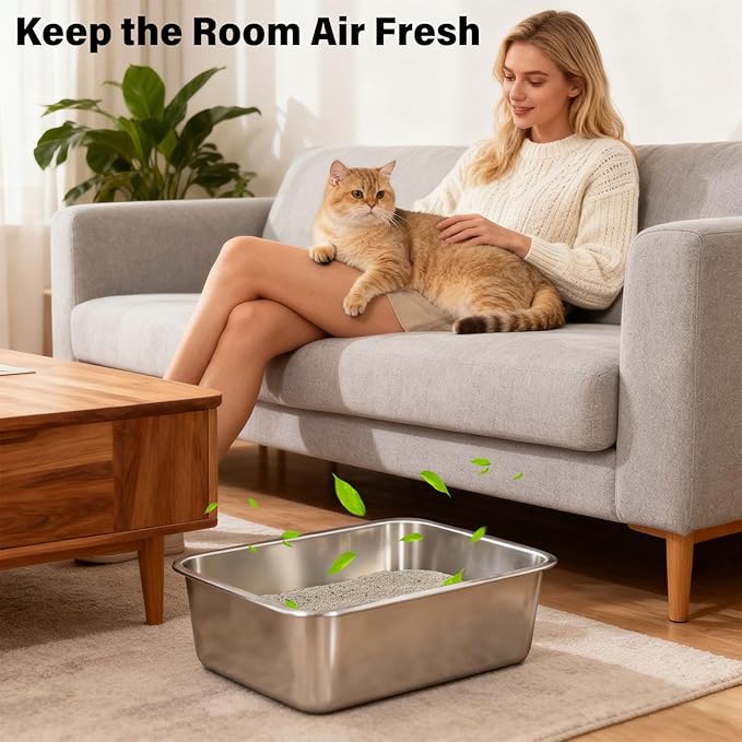 Medium Stainless Steel Cat Litter Box, Open Top Easy Clean Metal Litter Pan — Durable Metal Litter Box with High Sided Walls, No Odor, Non Stick for Indoor, Multi-Cat Homes, Rabbits & Small Pets