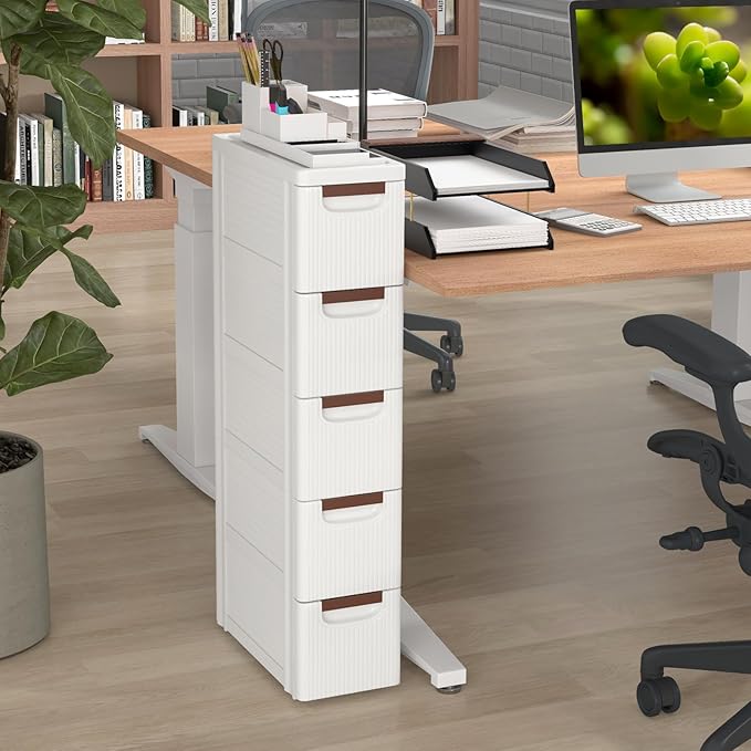 LOKO 5-Drawer Narrow Storage Cabinet, Slim Rolling Cart, Mobile Plastic Cart Container with Pull Handles, Built-in Wheels, for Living Room, Kitchen, Bathroom, Office (7.5"x16.5"x36" (5 Drawer))