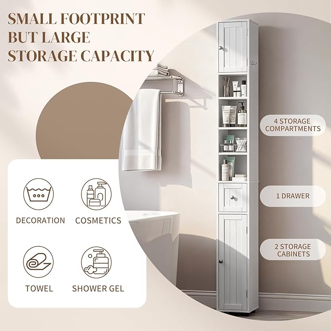 Karl home White Narrow Floor Storage Cabinet, Freestanding Storage Unit with 1 Drawers & 2 Doors, Thin Toilet Organizer for Small Spaces，for Entryway, Bathroom