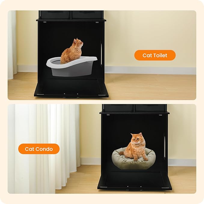 Dwanton Litter Box Enclosure with 3 Storage Shelves and 2 Drawers, 2-in-1 Hidden Cat Litter Box Enclosure Furniture with Shelf, Reversible Entrance, Washable Drawers, 61.8-Inch, Black