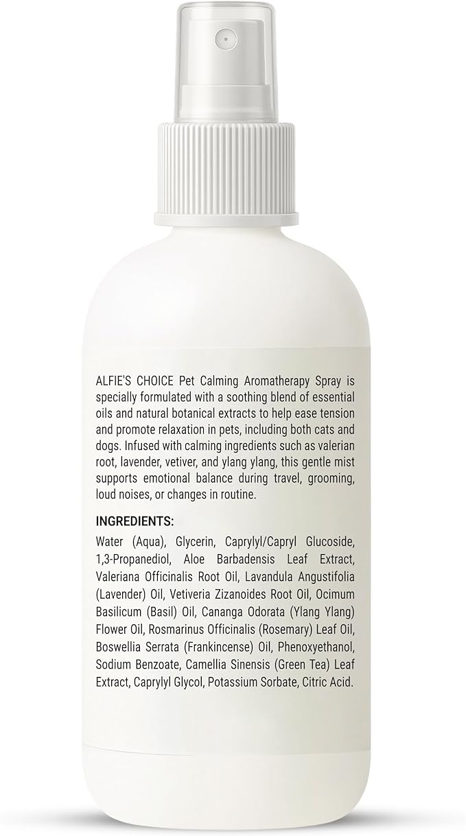 ALFIE'S CHOICE Pet Calming Aromatherapy Spray for Dogs |3.4 fl oz Travel Size | Lavender & Valerian Aromatherapy Mist | for Crate, Car & Vet Visit Comfort | Made in USA