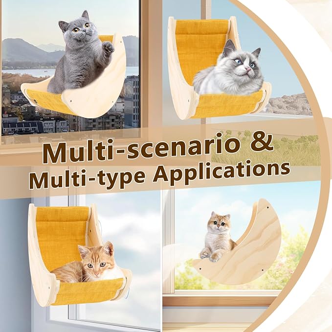 Window Cat Bed, Suction Cup Cat Window Perch for Large Cats, Moon Shelves Cat Hammock for Window, Wall Mounted Solid Wood Cat Bed for Sleep Watch Birds Sunbathing, Holds 50 Pounds
