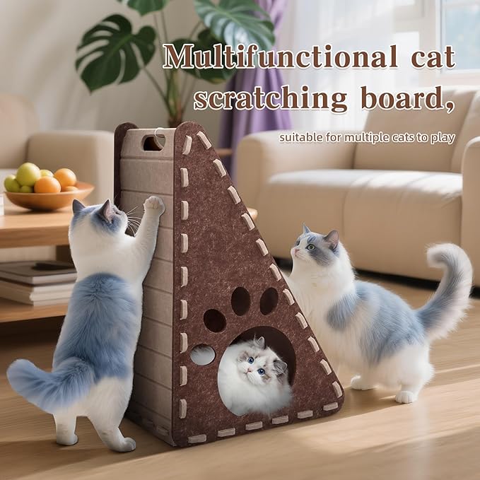 Cat Scratcher, Triangle Felt Cat Scratcher(Cat House), Vertical Integrated 3 in 1 Ramp Vertical Felt Cat Board(Brown Gray)
