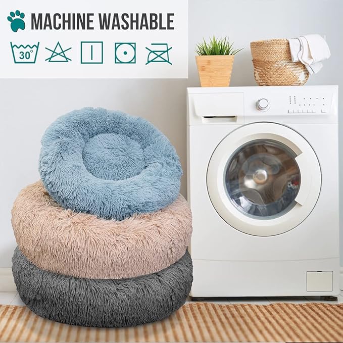 PetAmi Calming Dog Bed for Small & Medium Dogs and Cats, 30 Round Donut Dog Bed, Washable Fluffy Faux Fur Puppy & Cat Bed, Anti-Anxiety Plush Cuddler Pet Bed with Anti-Slip Bottom - Light Gray