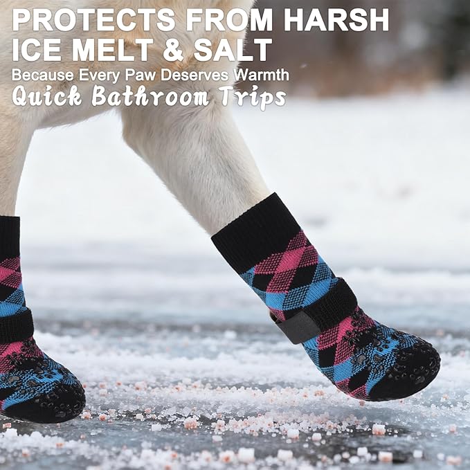 EXPAWLORER Dog Socks for Cold Winter Snow to Prevent Licking Paws, Anti Slip Doggie Booties Grippy Shoes for Hardwood Floors, Boots & Paw Protectors for Small Medium Large Senior Dogs Pink Blue L