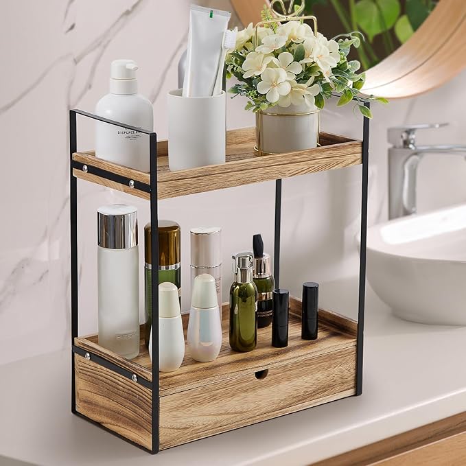 2-Tier Bathroom Organizer Countertop with Drawer, Wood Counter Shelf for Storage, Cosmetic Storage Vanity Tray for Bathroom Organization for, Kitchen, Office
