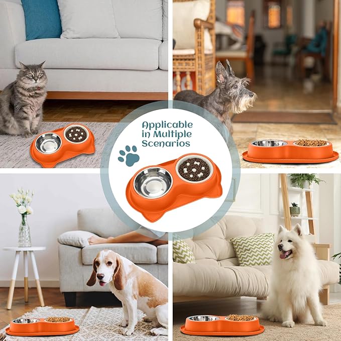 Slow Feeder Dog & Cat Bowls - 3-in-1 Slow Feeding & Water Bowl | Non-Slip Mat & Stainless Steel Bowls | Final Loss Leader Sale | Limited Stock While Supplies Last.(Orange).