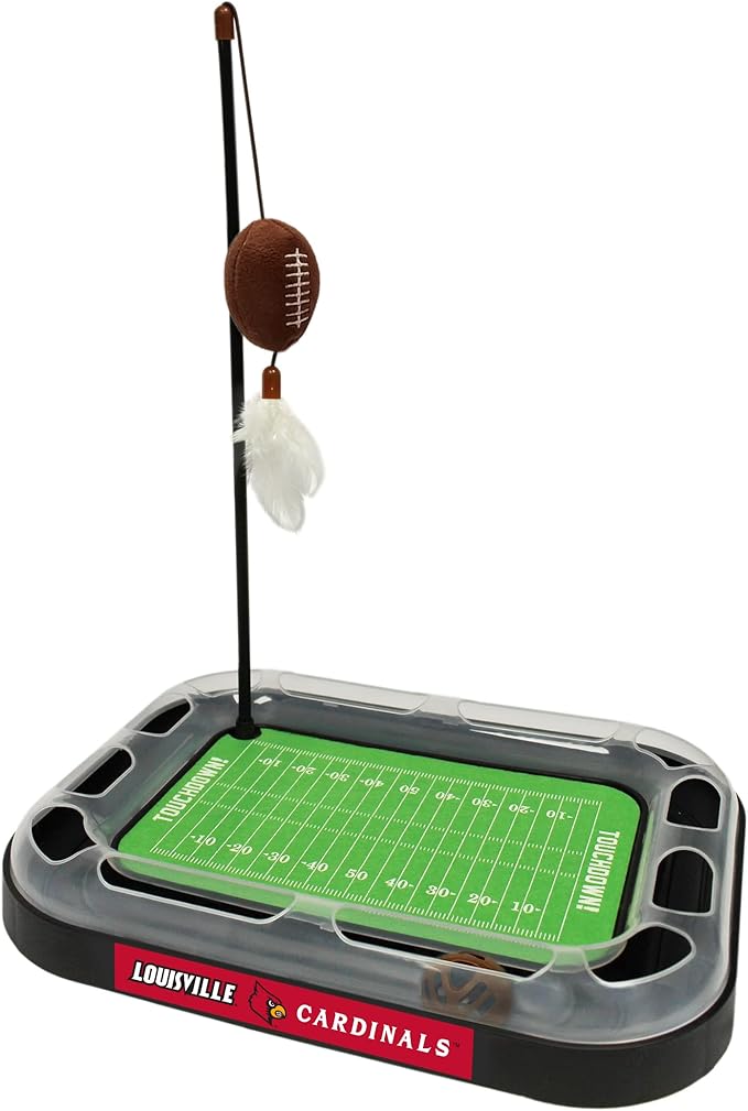 Cat Scratching Toy NCAA Louisville Cardinals Football Field Cat Scratcher Toy + Interactive Cat Ball Bell in Tracks. 5-in-1 CAT Toy: Cat Wand Poll + Catnip Filled Plush Football & Feathers