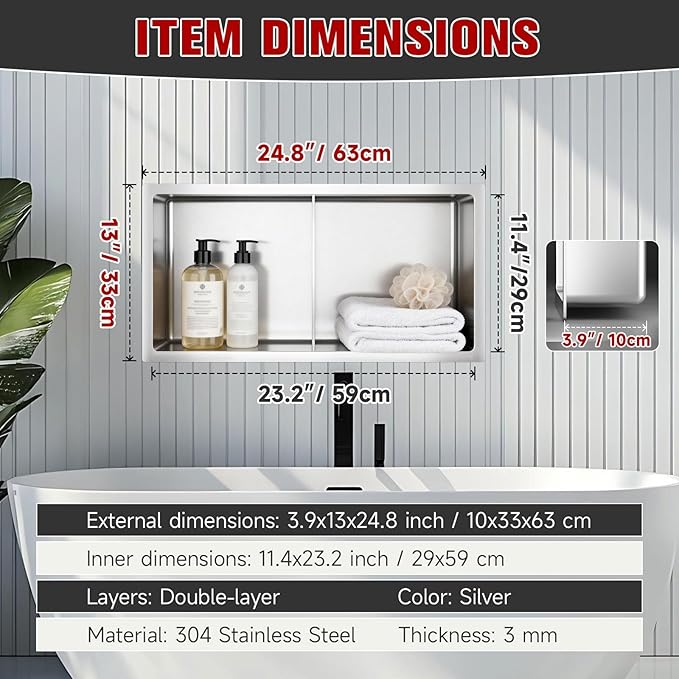 No Tile Needed Shower Niche 13"X 25", Bathroom Wall Niche Double Shelves, Stainless Steel Shower Niche for Bathroom, Kitchens, Balconies
