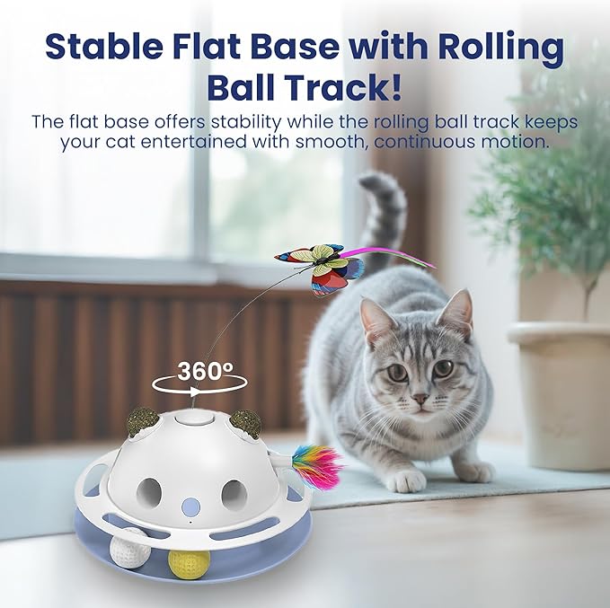 PAWSPIK Feather Frenzy 4-in-1 Interactive Cat Toy – Butterfly, Feather, Catnip Ball & Track Ball Play – Motion Activated, USB or Battery Powered – White
