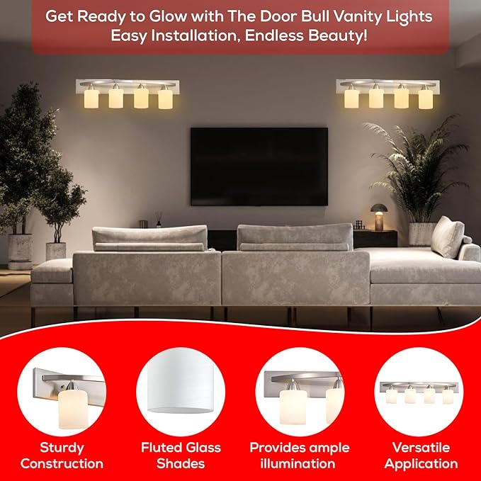 The Door Bull Modern 4-Light Bathroom Vanity Light – Brushed Nickel Fixture with Frosted Glass Shades, E26 Socket – Wall Sconce for Mirror, Bathroom, Kitchen, Hallway, Entryway