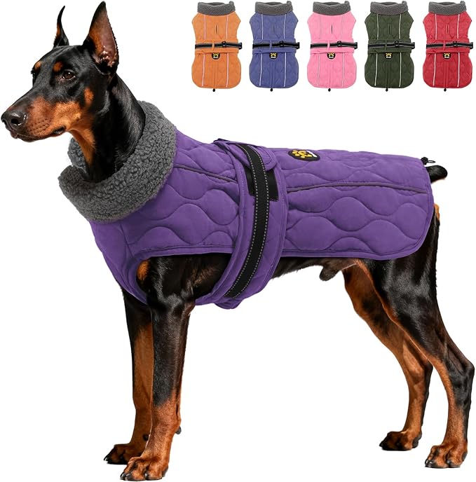 Dog Winter Jacket, Adjustable Water-Resistant Dog Warm Coat with Fleece Lining, Windproof Cold Weather Coats for Winter, Reflective Snow Jacket for Labrador Golden Retriever, NewPurple XL