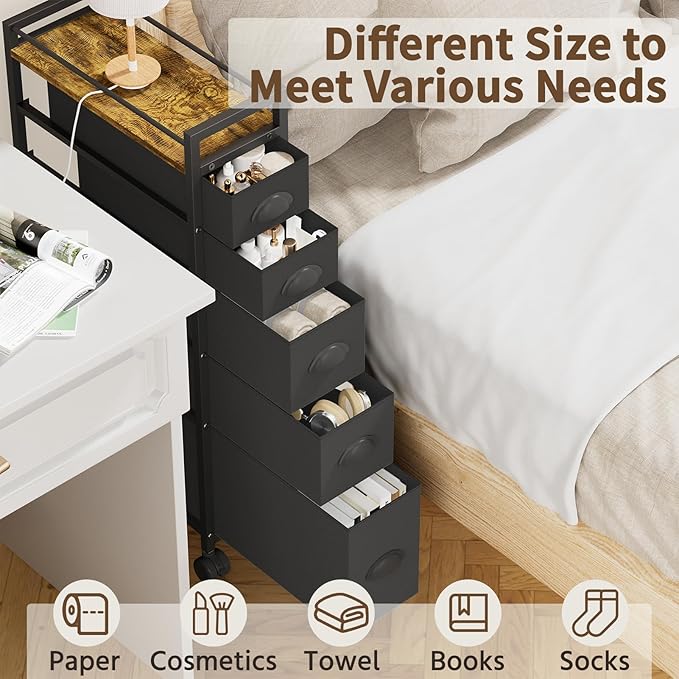 LASZOLA 5 Drawer Narrow Dresser Slim Cabinet Skinny Storage Tower Chest, Ideal for Small Spaces Bathroom Bedroom, Between Washer and Dryer, Lightweight Mobile on Wheels, Sturdy Fabric Drawers, Black