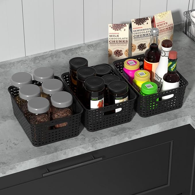 Plastic Shelf Storage Baskets, Plastic Pantry Weave Basket, Black, 12 Packs