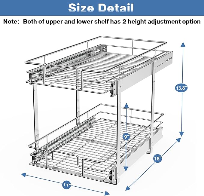 LOVMOR 2 Tier Individual Pull Out Cabinet Organizer 11" W x 18" D, Slide Out Kitchen Cabinet Storage Sliding Shelves