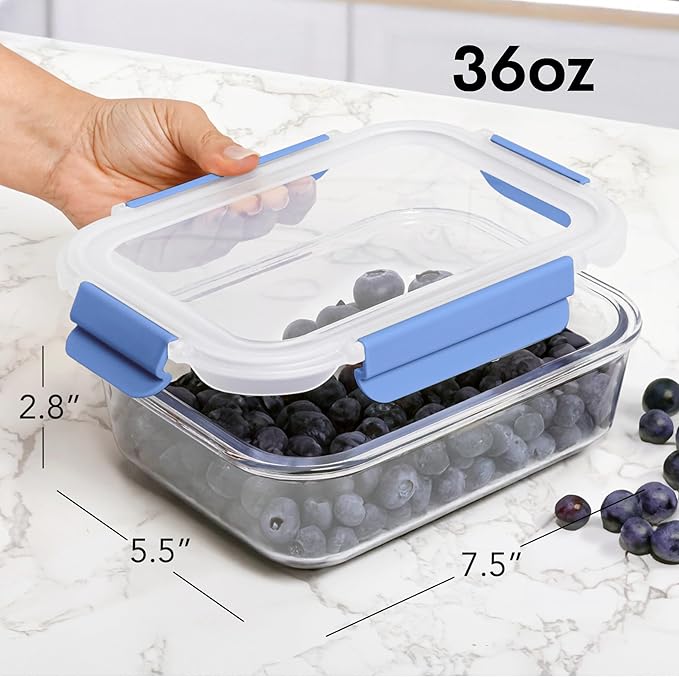 ECOBERI 4.5 Cup Glass Meal Prep Containers with Lids & Silicone Sleeves, 3-Pack Airtight, Leak-Resistant Food Storage Containers for Fridge, Freezer, Oven & Microwave