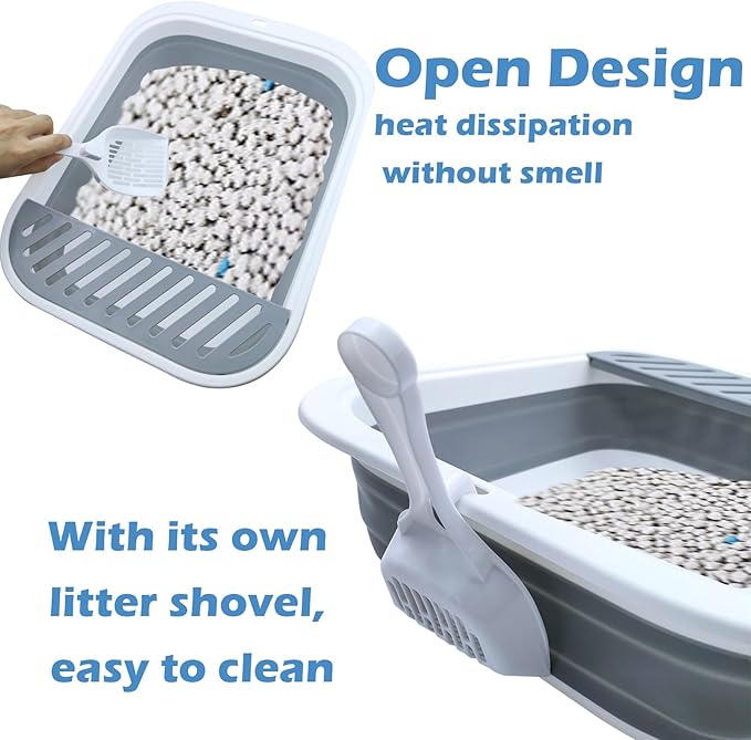 Collapsible Small Cat Litter Box,Open Top Cats Litter Pan with Scoop Waterproof & Foldable Kitten Potty Toilet Anti-Splashing Low Entry Kitty Travel Litter Tray Semi-Enclosed Easy Clean(Gray)