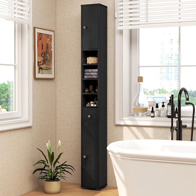 Giantex Slim Bathroom Storage Cabinet - 71” Tall Narrow Floor Cabinet Cupboard with 2 Doors, 5 Adjustable Shelves, 1 Drawer, Anti-Tipping Device, Thin Linen Tower Cabinet for Living Room (1, Black)