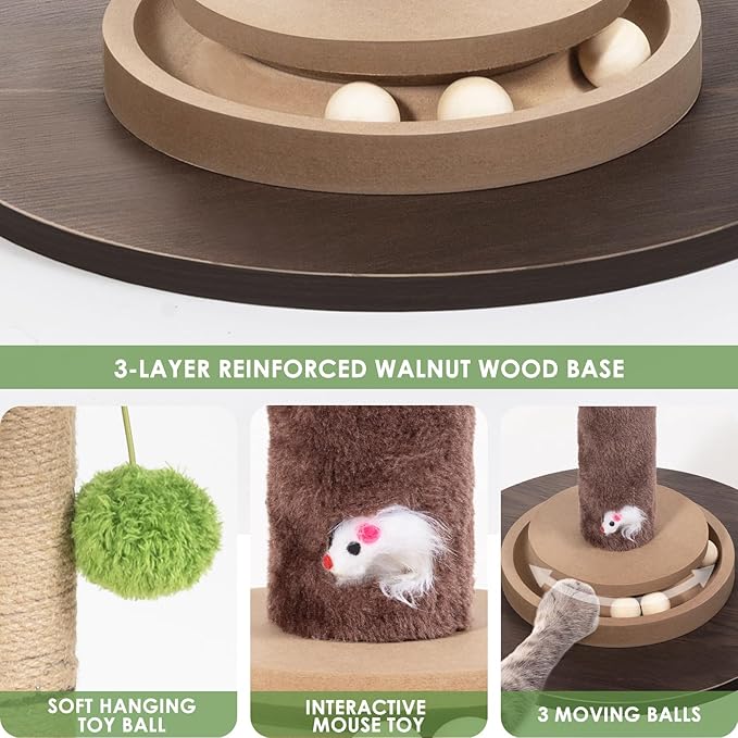 Cat Scratching Post, 35 Inch Tall Cat Scratcher Cat Tree Tower with Hanging Ball for Indoor Cats Adults,Fiddle Leaf Fig Sisal Rope Kitten Scratch with Interactive Mouse Cat Toy