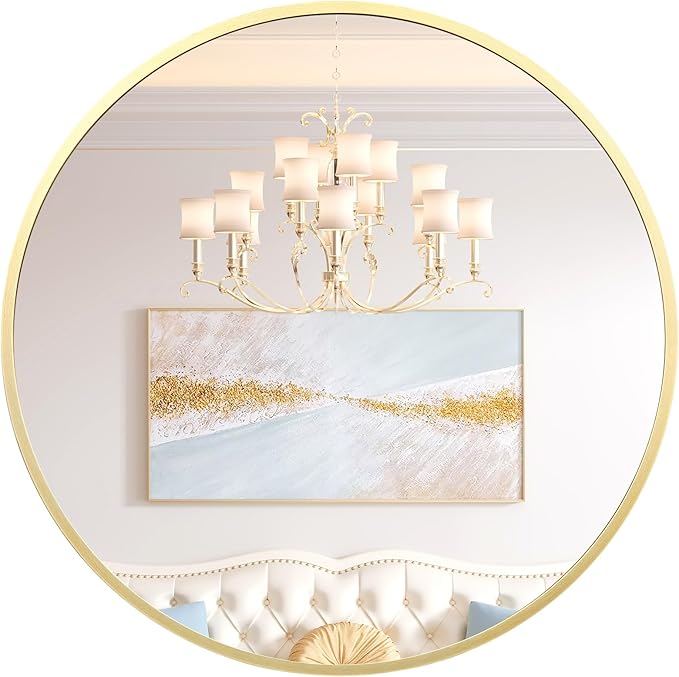 24 in Round Mirror for Wall, Gold Metal Frame Circle Mirror, Round Bathroom Mirror for Wall Decor, Mirror for Entryway, Vanity, Bedroom, Easy to Install