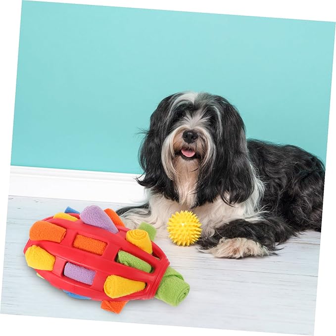 Interactive Snuffle Ball Dog for Treat Dispensing and Training Chew-Resistant Enrichment Puzzle for Mental Stimulation Red Rugby Shape Easy to Clean for Boredom Relief and Habit