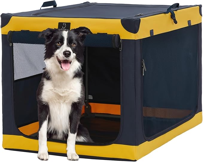 A4Pet Soft Dog Crate 36 Inch Mid Portable Collapsible Pet Travel Kennel, 3-Door Soft-Sided Lockable Zippers & Reinforced Steel Frame, Easy Setup, Mesh Panels — Ideal for SUV, Car, Camping & Home Use