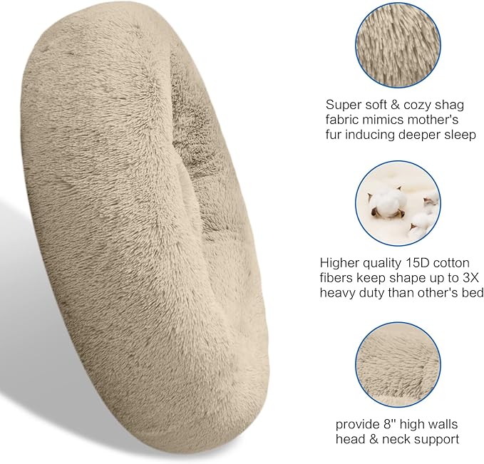 SAVFOX 36 inches Calming Donut Dog Bed - 3X Durable Plush Faux Fur, Machine Washable & Non-Slip, Fits up to 100 lbs, Beige