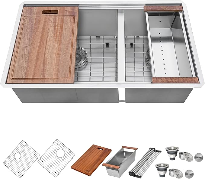 Ruvati 33-inch Workstation 60/40 Double Bowl Undermount 16 Gauge Stainless Steel Ledge Kitchen Sink - RVH8356