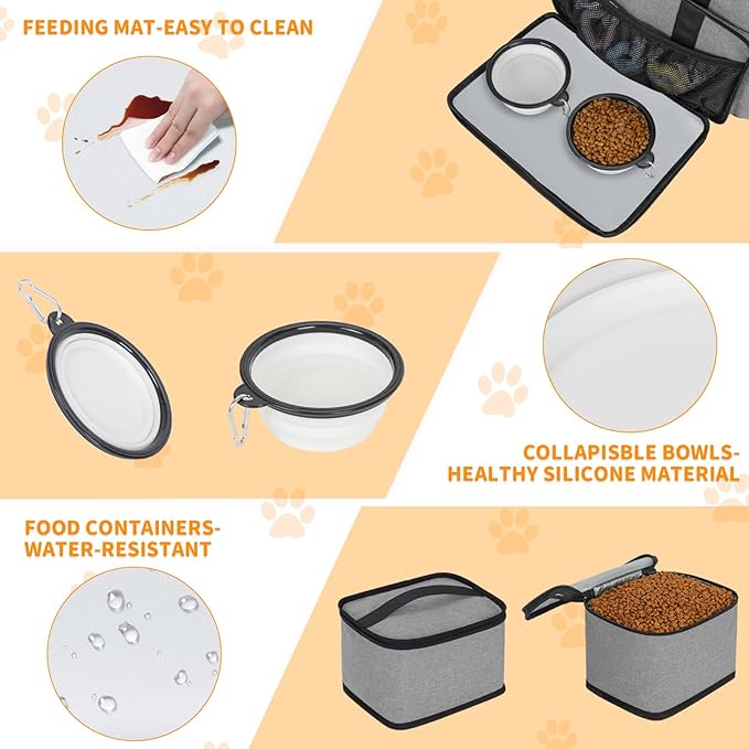 Dog Travel Bag,Large Pet Travel Bag for Supplies with 2 Food Container and Collapsible Bowls,Dog Travel Supplies Organizer Kit for Weekend,Road Trips,Camping