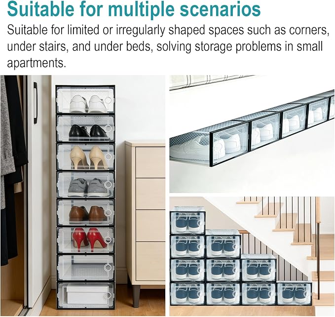 12 Pack Shoe Storage Boxes, Clear Plastic Stackable Shoe Organizer for Closet, Foldable Shoe Rack with Lids for Entryway, Closet, Under Bed, Black (13 x 9.1 x 5.5inches)