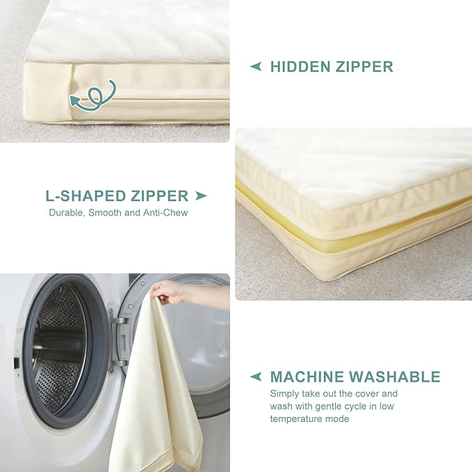 Vonabem Waterproof Dog Beds Medium Sized Dog, Washable Crate Pad 30 inch, Orthopedic Foam Pet Bed with Removable Cover Reversible, Anti-Slip Puppy Kennel Pad, 29"x18", Beige