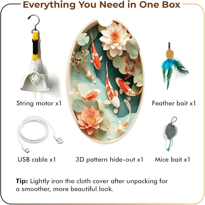 OtterVerz 11 Interactive Cat Toys for Indoor Cats, Automatic Concealed Hide and Seek Hanging Feather Cat Toy, Rechargeable Motion-Activated Enrichment Toys for Bored Adult Cats (Fish Pond Pattern