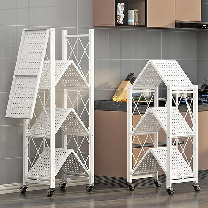 Folding Shelf Foldable Shelves with Wheels - Folding Shelves No Assembly, Collapsible Shelf Unit Display, Kitchen Organizers and Storage, Pop Up Heavy Duty Rack , 3-Tier White 28"D x 14"W x 34"H