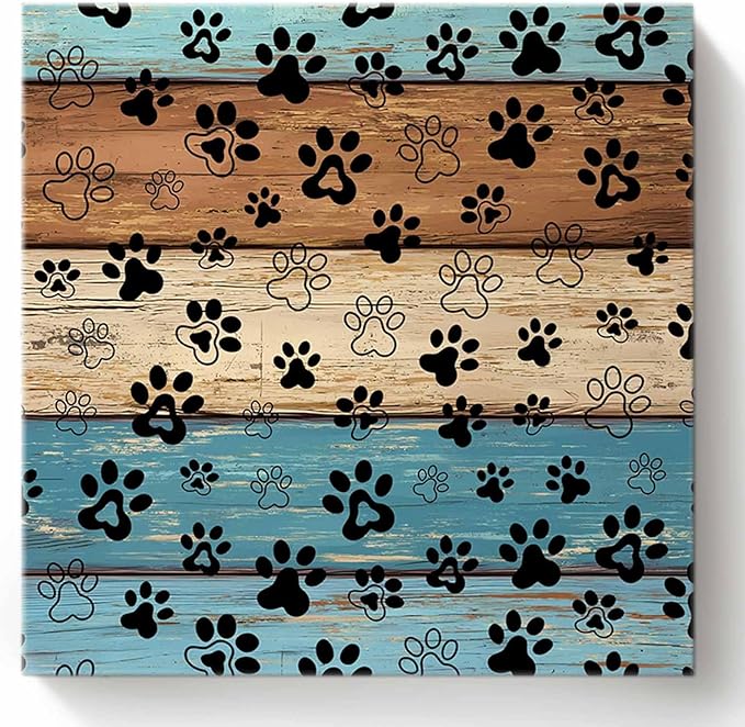 Framed Canvas Wall Art for Living Room Dog Paw Print Wall Decor, Retro Brown Teal Blue Wood Grain Aesthetic Paintings for Bedroom Office Kitchen Bathroom, Ready to Hang Wall Pictures 12x12 Inch