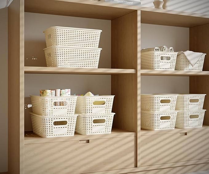 6 Pack Plastic Storage Baskets with Lids, Breathable Stackable Organizer Bins& Containers for Pantry, Desktops, Cabinet, Closet, Offices Organization Toys, Space Saving, Easy-Carry Handles,White