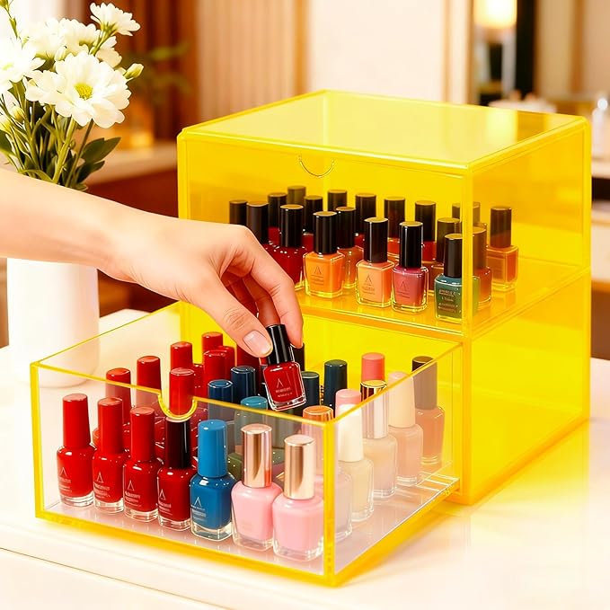 Acrylic Desk Organizer with Drawers Stackable Makeup Organizer for Vanity Office Countertop Cosmetic Display Cases Makeup Storage Box, Neon Yellow
