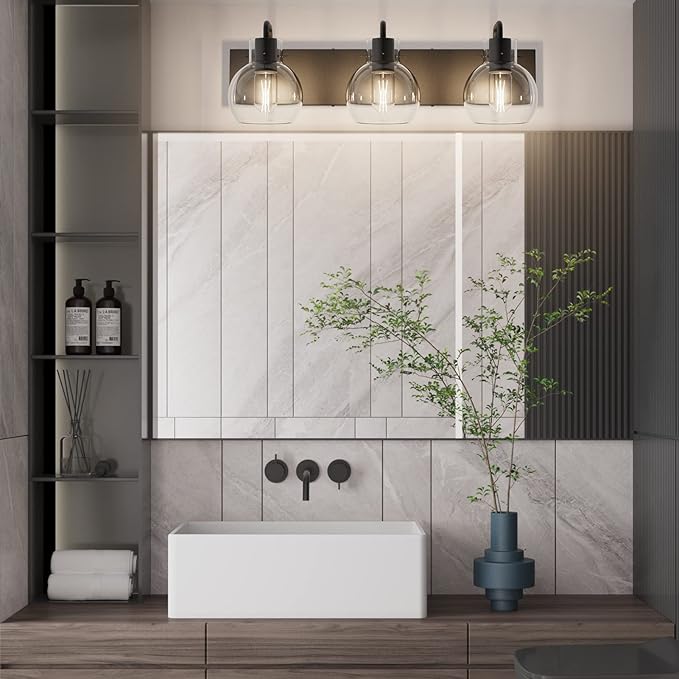 Tipace Industrial Bathroom Vanity Lighting Fixtures 3-Lights Farmhouse Matte Black Finish with Globe Clear Glass Vanity Lights Vintage Bath Lighting(Exclude Bulb)