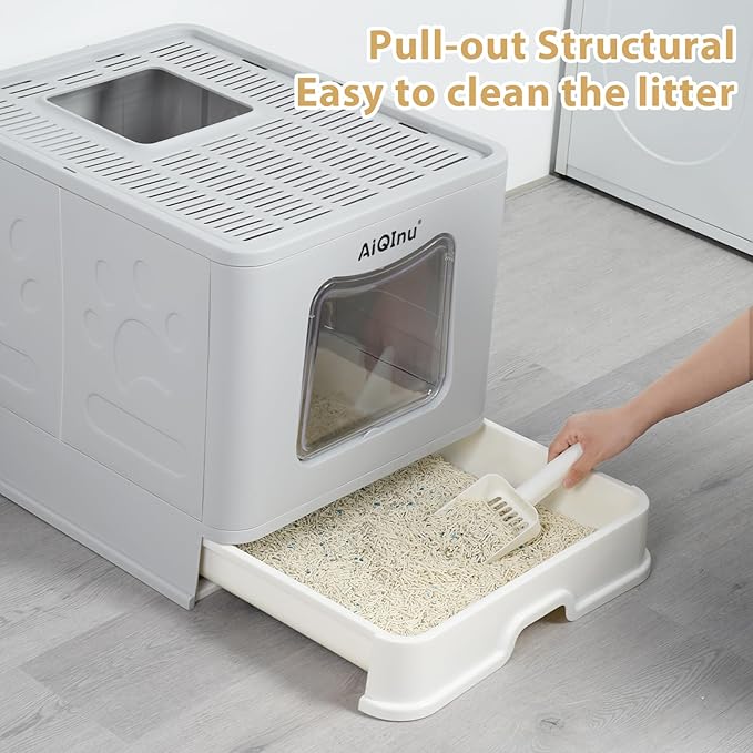 AiQInu Enclosed Cat Litter Box - Foldable Large Litter Box with Lid and Scoop High Sided Enclosure, Front Entry Top Exit, Odor Control, Anti Leakage No Smell, Easy Cleaning