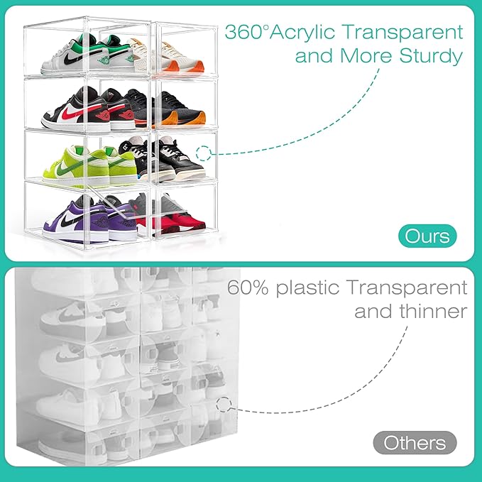 2 Pack Drop-Front Clear Shoe Storage Box Acrylic Box Shoe Organizer Size 13, Stackable Shoe Tower with Magnetic Door Large Storage Bins for Sneaker Containers Display & Closet Organization