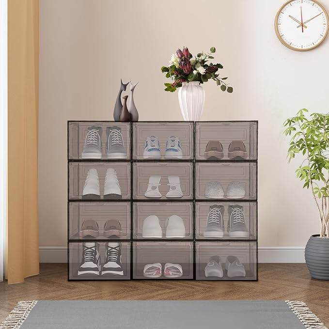 12 Pack Stackable Shoe Box,Semi-Transparent Plastic Sneaker Box,Free Standing Shoe Containers,Acrylic Shoe Display Case,Sneaker Storage,for Shoes,Clothes, Purses,13.39*10.63*8.66in (Black Brown)